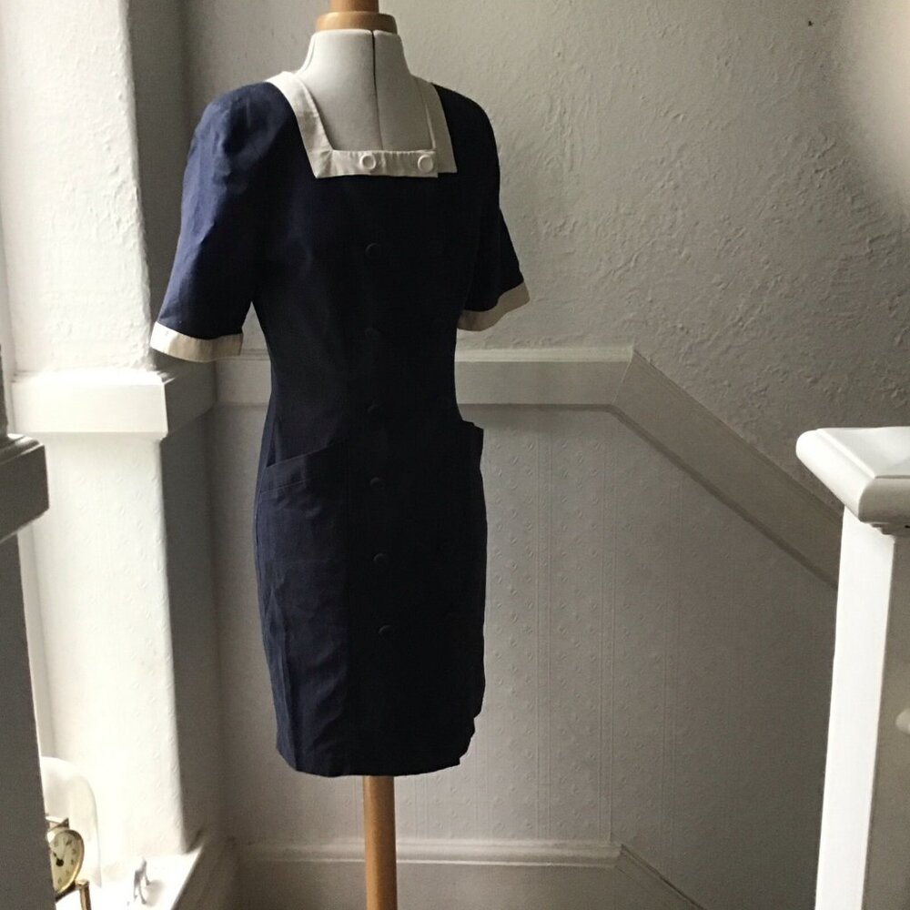 Vintage Laura Ashley Blue Linen Dress Jackie Kennedy Audrey Hepburn 60’s Style 8